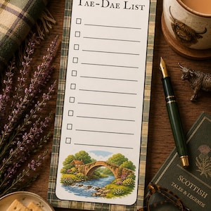 May include: A rectangular notepad with a green and brown plaid border featuring the text Tae-Dae List at the top, ten blank lines with checkboxes, and a colourful illustration of a stone bridge over a stream at the bottom of the page.