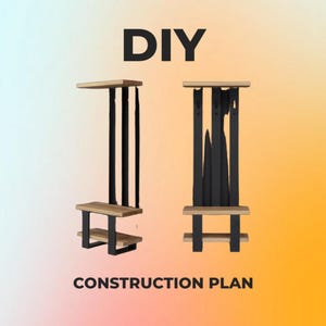 May include: DIY construction plan for a wooden and metal plant stand. The design features two stands with wooden shelves and black metal supports. The text "DIY" and "CONSTRUCTION PLAN" are displayed in black.