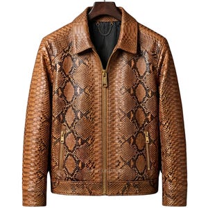 May include: A brown leather jacket with a snakeskin pattern. The jacket has a collared neckline, a zipper closure, and two front pockets. The jacket is hanging on a wooden hanger.