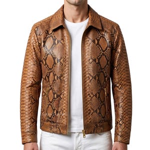 Men's Python Jacket Real Feel Snakeskin Texture Embossed on Calf Leather