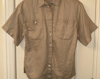 VTG Smith Forester 100% Linen Shirt Sz 8 Tan Safari Utility Shoulder Pads HK