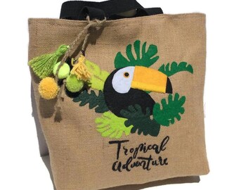 Womens Bag Shoulder Tote handbag Zipper Purse Top-handle Zip Bags Parrot Toucans Hummingbird And Tropical Palm Leaves