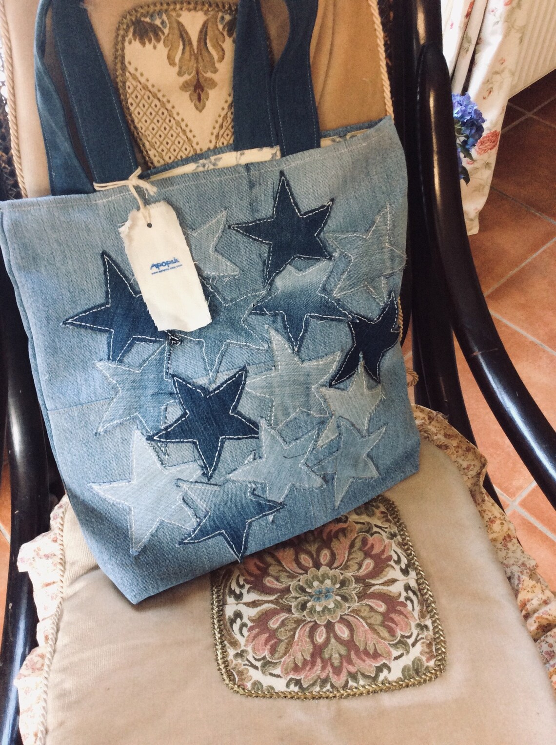 Denim Tote Handbag Hand Appliqued With Denim Stars Recycled Etsy