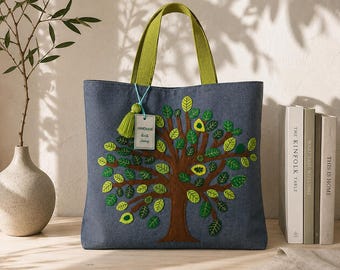 Handmade Denim Tote Bag: Embroidered Tree Appliqué, Recycled Fabric