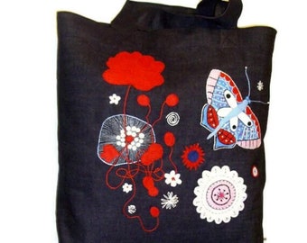 Denim tote handbag, hand applique/embroidered butterfly, ARTISAN/handcrafted/handmade, funky shopper bag, eco friendly, zero waste, INDRA