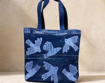 Handmade Denim Tote Bag: Appliqued Birds, Repurposed Fabric