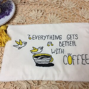 Sacchetto in cotone bianco, regalo per gli amanti del caffè, ricamato a mano, fatto a mano