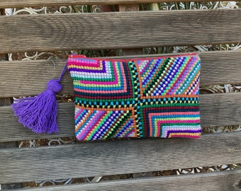 Handmade pouch, handmade gift, hand embroidered cross stitched pattern,vibrant colors, boho style, summer accessory,mothers day gift
