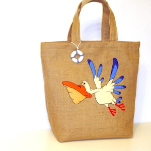 Seabird themed bag, Summer jute bag, hand applique, pelican bag, handmade, beach, summer tote, carryall, boho bag image 1