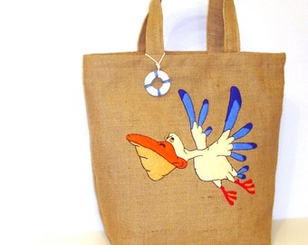 Seabird themed  bag, Summer jute bag, hand applique, pelican bag,  handmade, beach, summer tote, carryall, boho bag