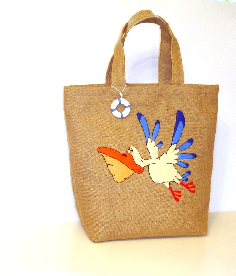 Seabird themed bag, Summer jute bag, hand applique, pelican bag, handmade, beach, summer tote, carryall, boho bag image 1