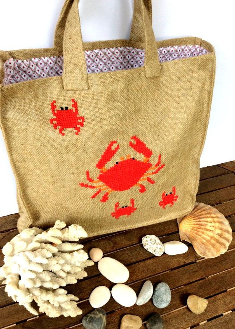 Summer jute tote bag handmade handmade tote bag Casual Tote Bag cross stitched red crabs beach tote bag