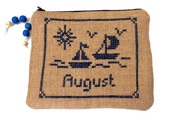 Cross stitched jute pouch bag, hand embroidered August wording,boho, handmade, accessories pouch, AUGUST