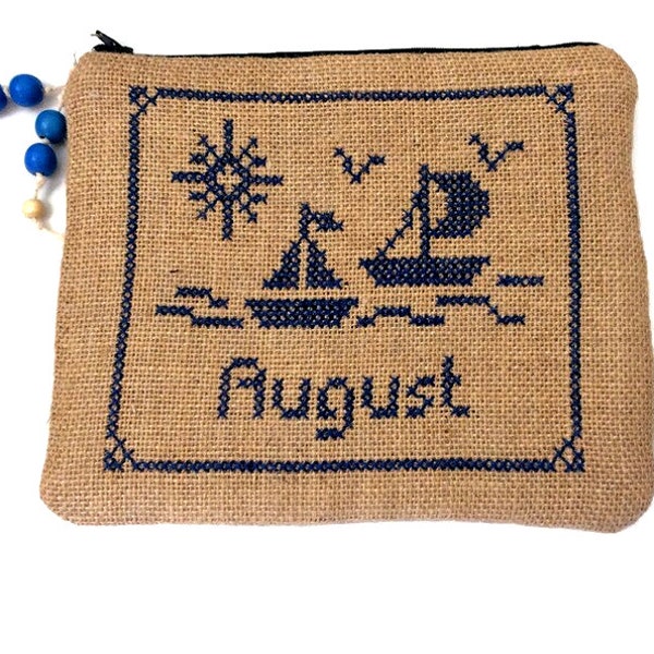 Cross stitched jute pouch bag, hand embroidered August wording,boho, handmade, accessories pouch, AUGUST