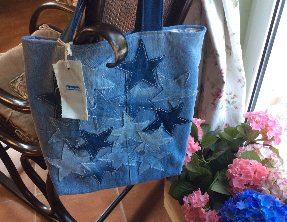 Denim Tote Handbag Hand Appliqued With Denim Stars Recycled Etsy