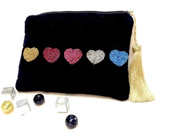 Handmade Black Velvet Pochette with Heart Applique, Sequins, Beads - Perfect Valentine's Day Gift, Ready to Ship, grand moms gift