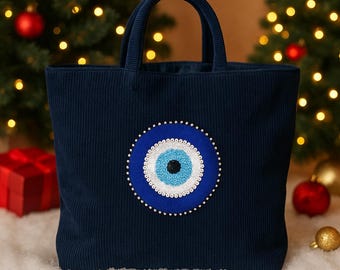 ボヘミアンブルーコーデュロイトートバッグ：手刺繍のお守り - Etsy 日本