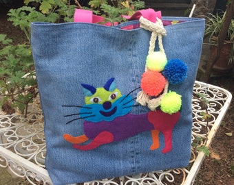 Denim Tote Bag/Cat pattern/Hand Appliquéd/ Hand Embroidered/Handmade, recycled denim, zero waste