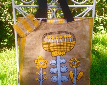 Jute tote bag, handmade, hand appliqued floral pattern, summer beach tote bag, boho style, recycle, preserve, reserve, zero waste, AMALTHEIA