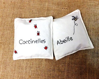 Lavender sachet gift set with natural organic lavender buds, hand embroidered French words, easter gift, ABEILLE