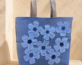 Handmade Denim Tote Bag: Appliquéd Floral Design, Upcycled Fashion