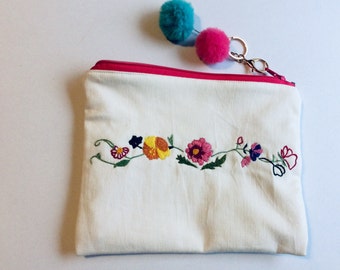 FLORAL GARLAND Cotton pouch bag , hand embroidered with colorful flowers, handmade pouch, carryall