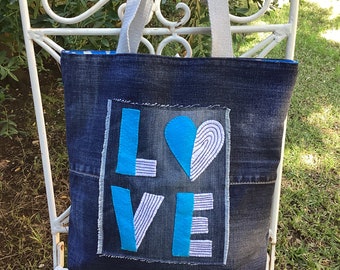 Denim Tote Bag, LOVE wording hand Appliquéd, handmade,repurposed, sustainable fashion/zero waste/mothers day gift