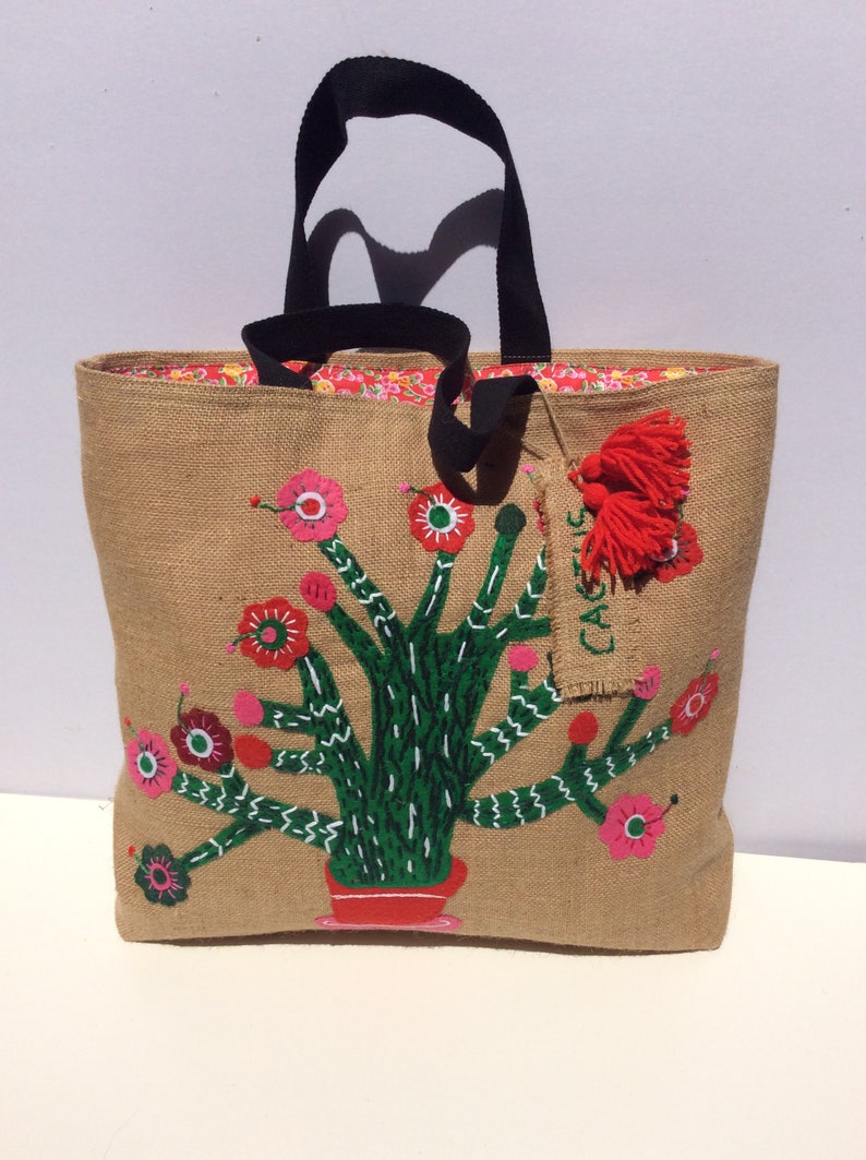 Handmade Jute Bag Hand Applique Mexican Cactus Embroidery - Etsy