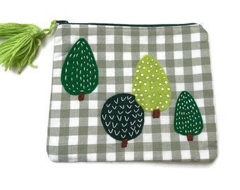 Green Checked Cotton Fabric Pouch Bag with Hand Appliqué Green Trees - Eco-Friendly Christmas Gift