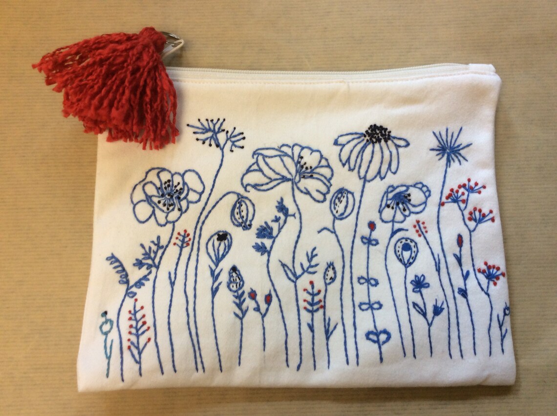 Cotton Pouch Bag Hand Embroidered With Blue Flowers Etsy