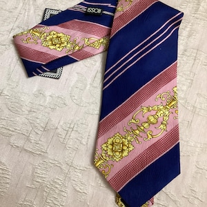Vintage Versace Silk Tie: Pink Navy Stripes, Gold Baroque Motif, 1990s Italian