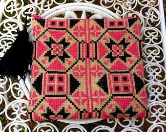 Cross stitched pouch bag, hand embroidered, handmade, boho pouch with geometrical pattern one of a kind, PRIMROSE