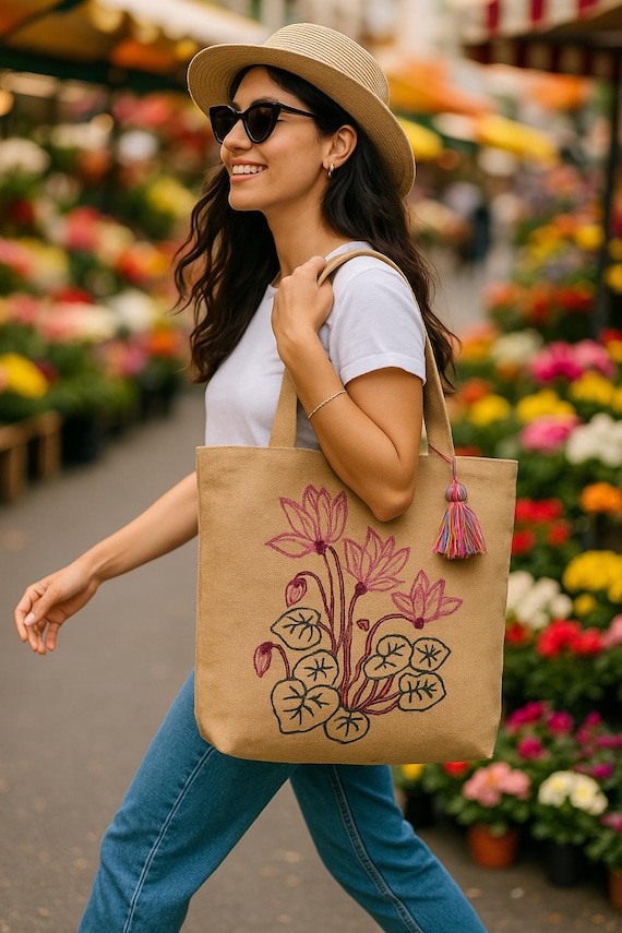 Handmade Jute Tote Bag With Embroidered Cyclamens – Boho Eco