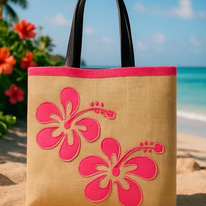 Jute tote bag, Hand appliquéd hibiscus tropical flowers, summer, holidays gift guidevaccations gift,