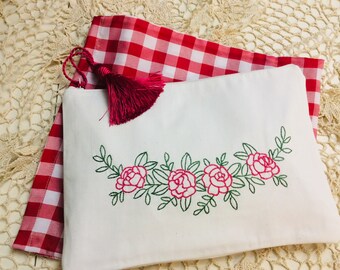 Floral Cotton pouch bag , hand embroidered with flowers garland, handmade pouch, handmade gift, accessories pouch