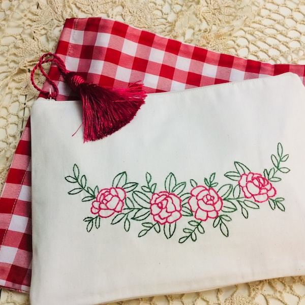 Hand Embroidered Floral Cotton Pouch: Accessories Bag with Tassel, Easter gift