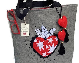 Gray canvas handmade shoppers tote bag, hand appliqued with red heart,unique, Valentines gift