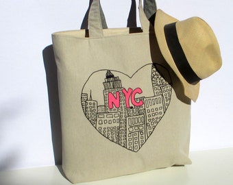 Unique Hand Embroidered New York City Canvas Canvas tote bag/ hand embroidered/shoppers/ One of a Kind, Ready to Ship