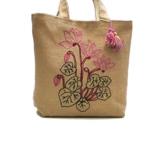 Cyclamen flowers hand embroidered jute tote bag, handmade, mothers day gift, Beach/summer/shopprs/carry all, Casual Tote Bag, image 3