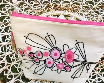 Floral cotton pouch bag, handmade, hand embroidered with pink flowers, unique , one of a kind, carryall ABELIA