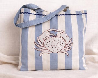 Handmade Striped Cotton Tote Bag with Embroidered Crab, Coastal Beach Bag
