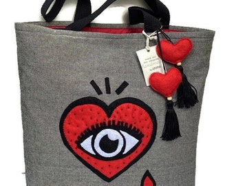 Cotton gray shoppers tote bag, hand appliqued with red heart, red hearts detailing, unique, handmade, ARTISAN, handcrafted