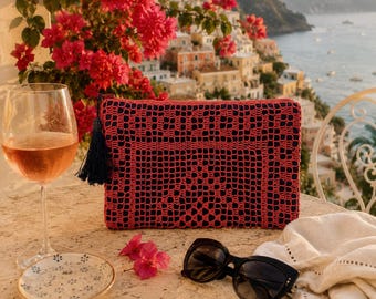 Handmade Coral Lace Clutch Bag | Elegant Evening Pouch | Black & Coral Cosmetic Bag | One of a Kind Gift for Women