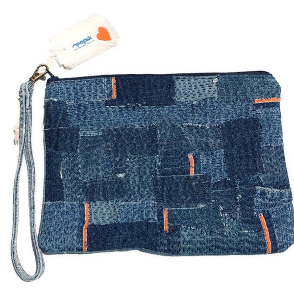 Upcycled Denim Patchwork Beutel/Clutch, Handtasche Boro, Handgelenktasche, Sashiko Stickerei, umweltfreundlich, Zero Waste