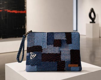 Denim Boro Pouch Bag: Handmade Recycled Jeans Sashiko Wristlet