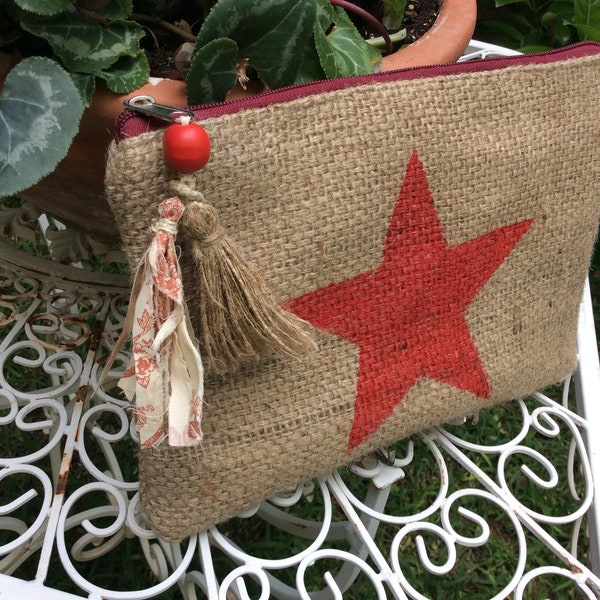 Handmade pouch made from upcycled coffee bean sack painted with red star, zero waste