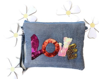 Denim clutch bag hand embroidered, colorful sequined LOVE wording, handmade, boho style, mothers day gift