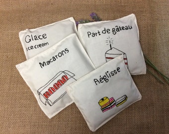 Lavender sachet gift set with natural organic lavender buds, hand embroidered French words, mothers day gift, DELICIEUX