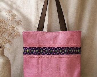 Hand Embroidered Linen Tote Bag, Pink Boho Tote, Rustic Linen Shoulder Bag, Handmade Summer Bag, Upcycled Textile Tote, Cottagecore Gift