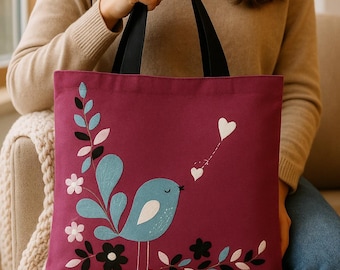 Handcrafted Pink Canvas Tote Bag: Blue Bird Applique, Large Shoulder Bag